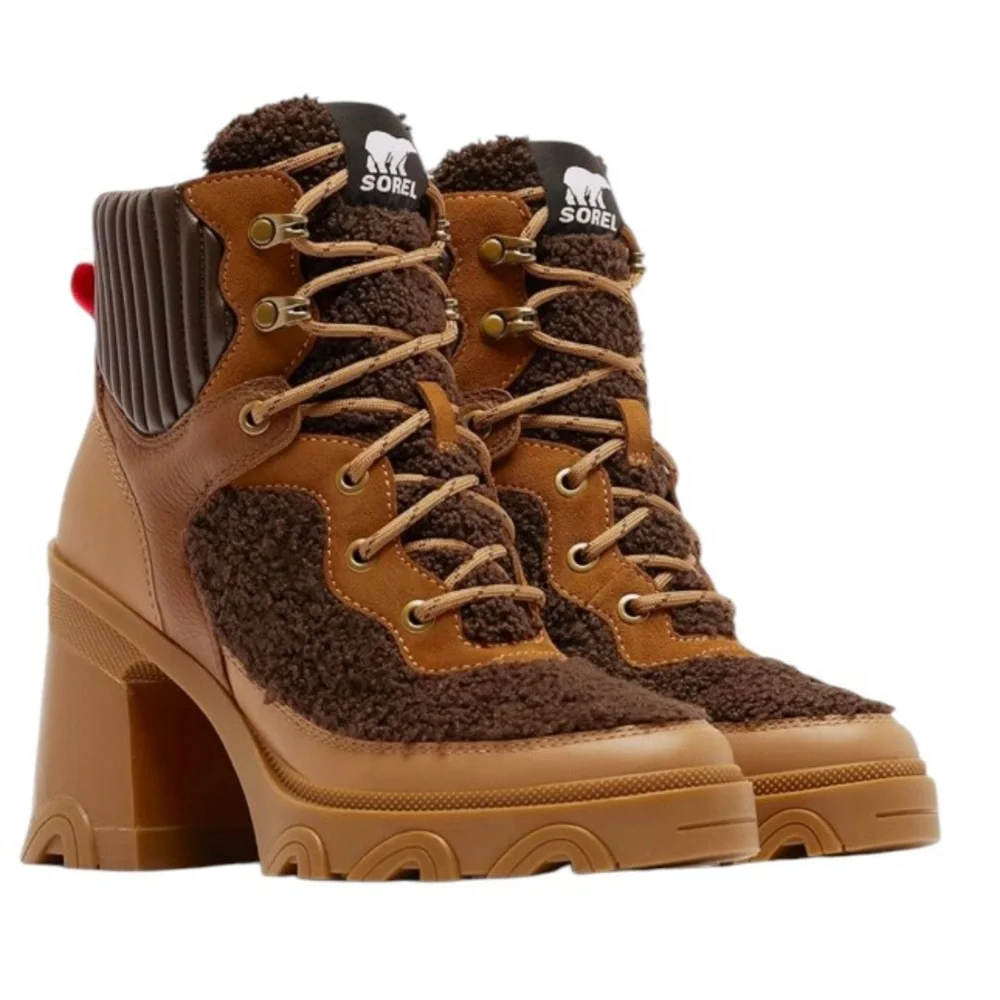 Sorel Brex Heel Cozy Lace Boots Tawny Buff, Blackened Brown Size 9.5